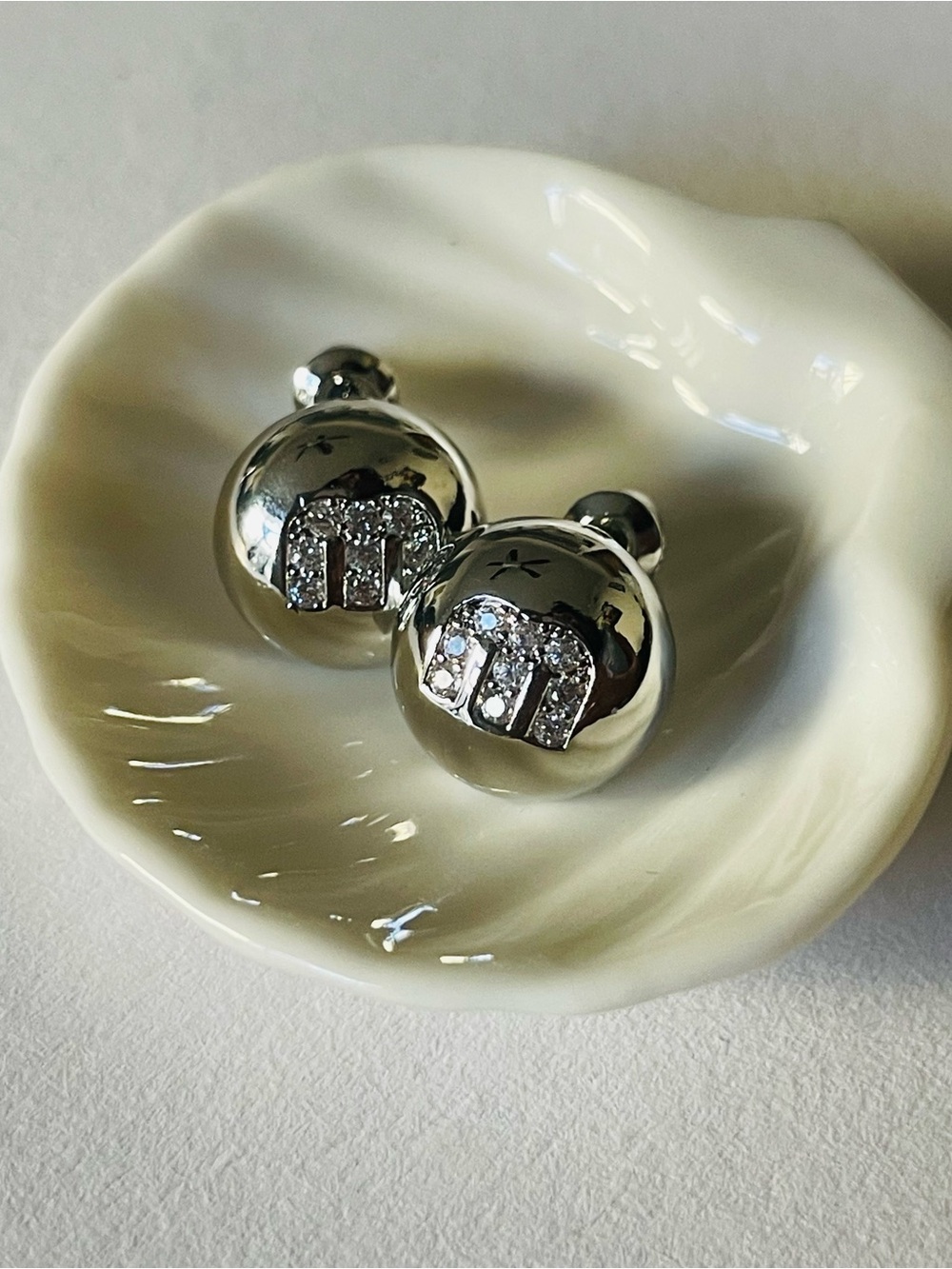 Polished Silver Crystal Accent Dome Stud Logo Earrings
